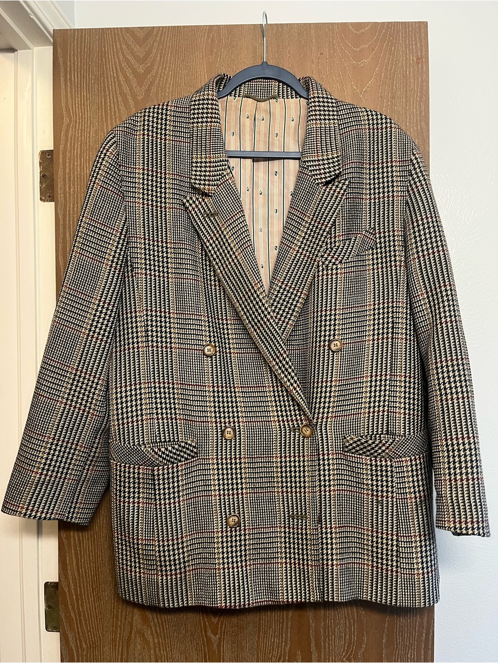 Checked Double-Breasted Blazer Jacket - Beige/Black Glen Plaid